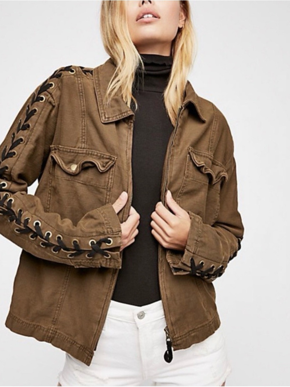 Womens Lace-Up Sleeve Utility Jacket in Olive Brown